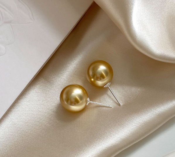 Gold Pearl Large Pearl Stud Earrings S925 Sterling Silver