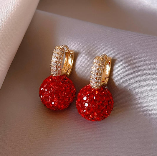 Red White Crystal Pave Round Disco Ball Dangle Earrings