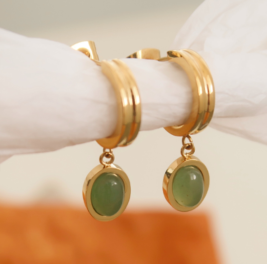 Green gemstone Gold-plated titanium steel Drop Earrings