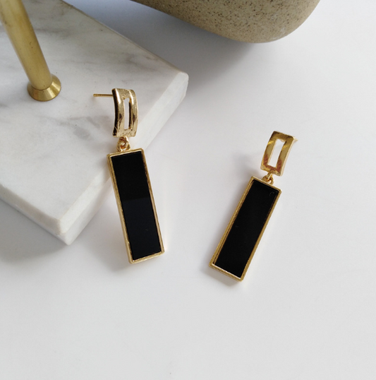 Square Earrings with Elegant Black Resin Inserts