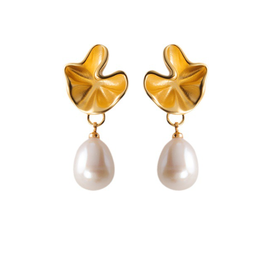 Gold Plated Brass with Natural Water Pearl Earrings Lotus Leaf Shape