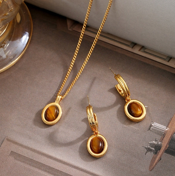 Oval Tiger Eye Stone Pendant Necklace and Earrings Set