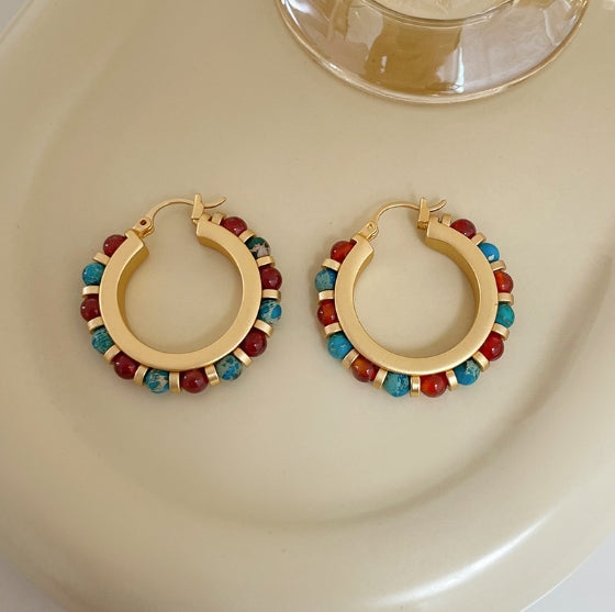 Natural Stone Beaded Hoop Earrings