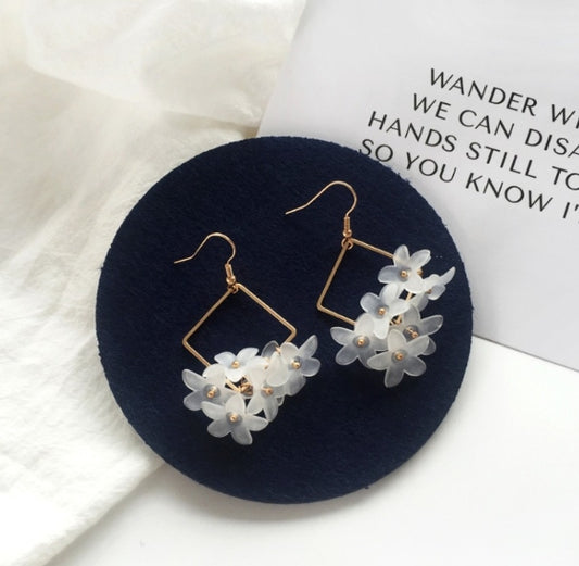 Fairy Series-  White Flowers on the Diamond Drop Earrings