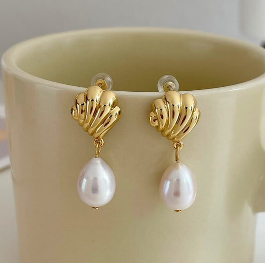 Gold Shell Pearl Stud Earrings